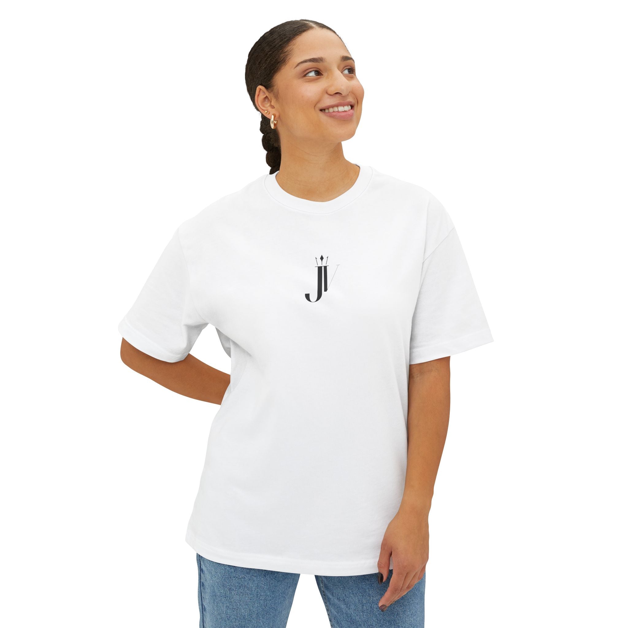 Minimalist "J" Logo Boxy Tee — Oversized White T-Shirt