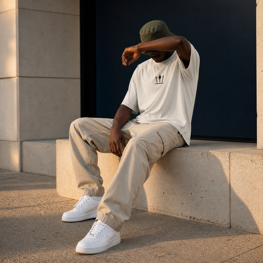 Signature Oversize — Écru JUVENN porté en position assise avec un bob
